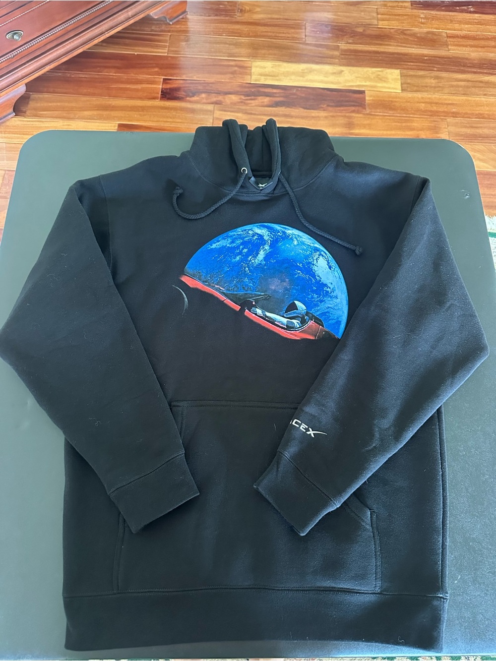 Space X Black Graphic Hoodie with Earth & Red Roadster Print Mens Medium